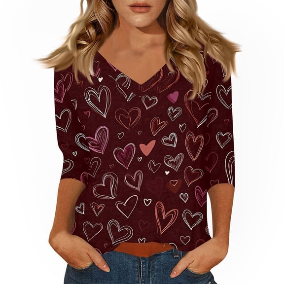 KDDYLITQ Womens Valentine Shirts 3/4 Length Sleeve V Neck Tops Love Heart Graphic Funny Tunic Tops Spring 2026 T-Shirts Wine S