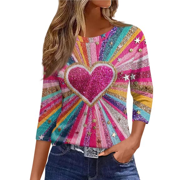 KDDYLITQ Womens Valentine Shirts Crew Neck 3/4 Length Sleeve Tops Floral Print Funny Tees Cute Plus Size T-Shirts Pink 3XL
