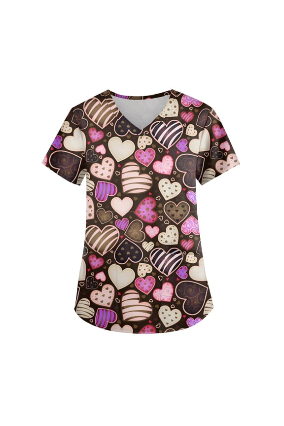 Womens Valentine Shirts Short Sleeve V Neck Scrubs Top Love Heart Graphic Nursing Working Uniforms Lightweight Comfy Nursing Uniform with Pockets Coffee 4XL