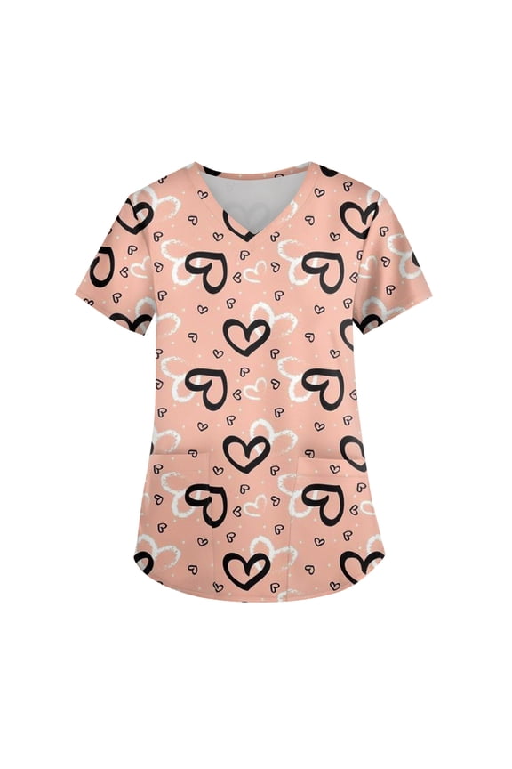 Womens Valentine Shirts Short Sleeve V Neck Scrubs Top Red Pink Valentine's Graphic Nurse Uniforms Plus Size Comfy Nursing Working Uniforms with Pockets Black M