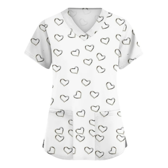KDDYLITQ Womens Valentine Shirts Short Sleeve V Neck Scrubs Top Valentine's Day Print Nurse Uniforms Funny Loose Nursing Working Uniforms with Pockets White XL