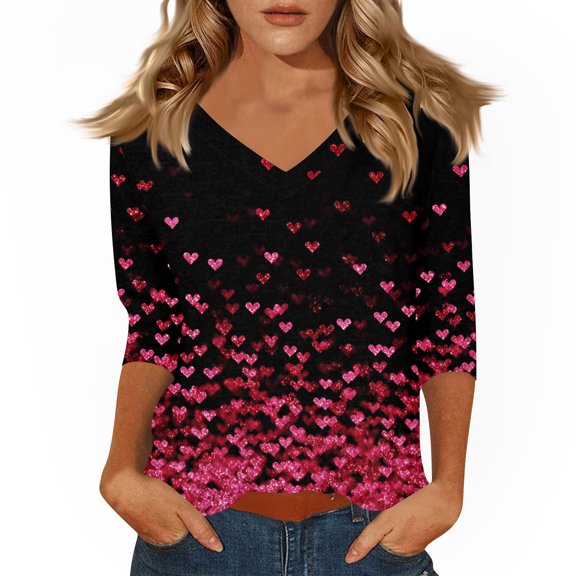 KDDYLITQ Womens Valentine Tops 3/4 Length Sleeve V Neck Shirts Red Pink Valentine's Print Spring T-Shirts Cute Plus Size Blouses Wine S
