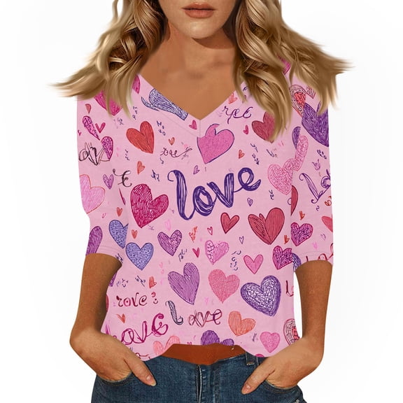 KDDYLITQ Womens Valentine Tops 3/4 Length Sleeve V Neck Shirts Valentine's Day Print Cute T-Shirts Spring 2026 Tunic Tops Light pink S