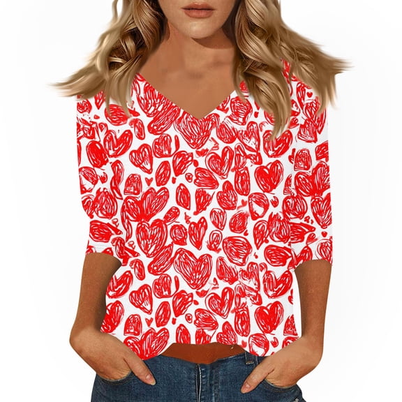 KDDYLITQ Womens Valentine Tops 3/4 Length Sleeve V Neck Shirts Valentine's Day Print Funny Blouses Spring Gift Tunic Tops Vermilion 2XL