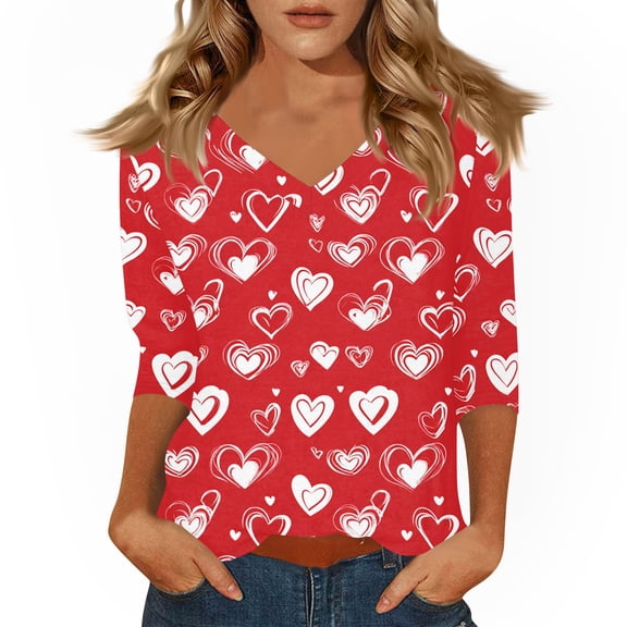 KDDYLITQ Womens Valentine Tops 3/4 Sleeve V Neck Shirts Love Heart Graphic Casual Blouses Spring 2026 Tunic Tops Red XL