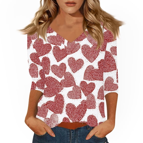 KDDYLITQ Womens Valentine Tops 3/4 Sleeve V Neck Shirts Red Pink Valentine's Print Casual Blouses Spring Gift T-Shirts Deep Red S