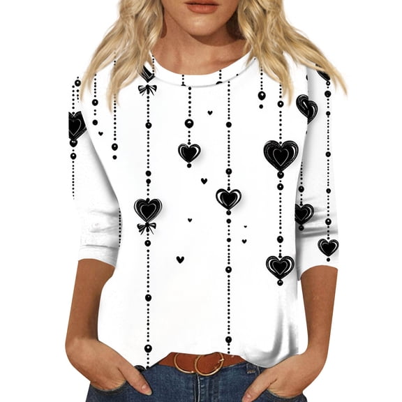 KDDYLITQ Womens Valentine Tops Crew Neck 3/4 Length Sleeve Shirts Floral Print Funny Tees 2026 Gift T-Shirts Gray 5XL