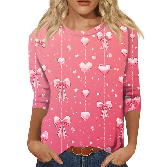 KDDYLITQ Womens Valentine Tops Crew Neck 3/4 Sleeve Shirts Valentine's Day Print Funny T-Shirts 2026 Plus Size Tees Pink S