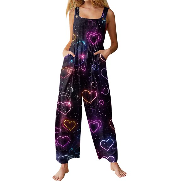 KDDYLITQ Womens Valentines Jumpsuit Plus Size Button Strap Overalls Love Heart Graphic U Neck Wide Leg Holiday Pants Fashion Elegant with Pocket Dark Purple M