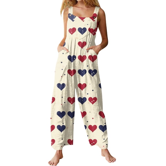 KDDYLITQ Womens Valentines Jumpsuit Plus Size Wide Leg Overalls Heart Print U Neck Button Strap Holiday Soft Romper with Pocket Beige S