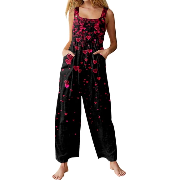 KDDYLITQ Womens Valentines Jumpsuit Sleeveless Wide Leg Overalls Floral Print Plus Size Button Strap Holiday Pants Holiday Workout with Pocket Black XL
