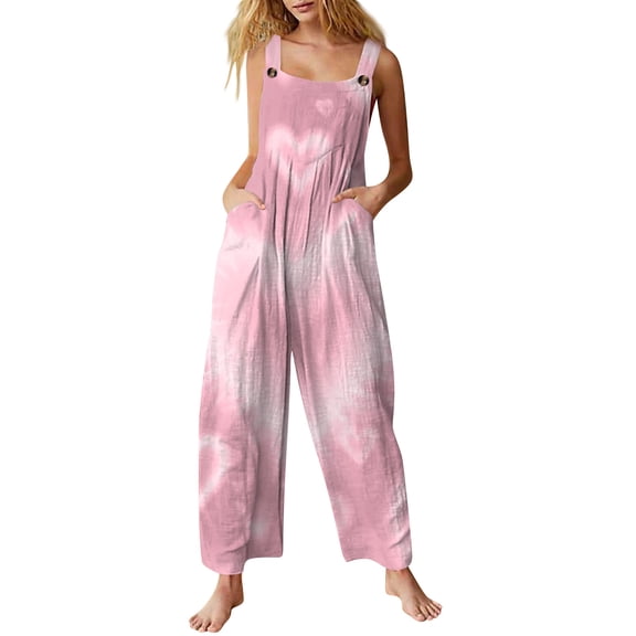 KDDYLITQ Womens Valentines Jumpsuit Sleeveless Wide Leg Overalls Floral Print U Neck Button Strap Romper Dressy Elegant with Pocket Deep Red M