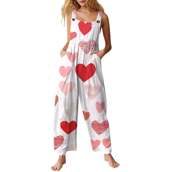 KDDYLITQ Womens Valentines Overalls U Neck Button Strap Jumpsuit Love Heart Graphic Sleeveless Wide Leg Holiday Pants Casual Workout with Pocket White XL