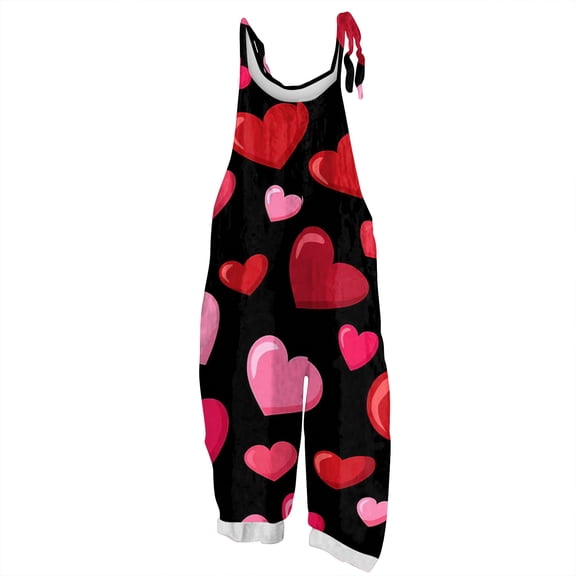 KDDYLITQ Womens Valentines Overalls U Neck Spaghetti Straps Jumpsuit Heart Print Sleeveless Wide Leg Holiday Party Holiday Pants with Pocket Black 2XL