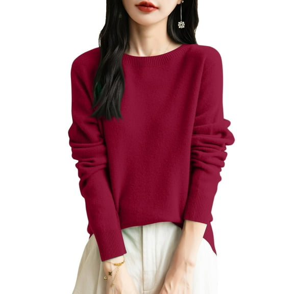 KDDYLITQ Wool Pullover Women Long Sleeve Basic Sweaters Seamless Crewneck Lightweight Tops Trendy Comfy Warm Sweatshirts Wine 2XL
