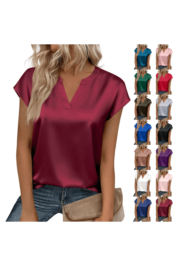 Work Shirts for Women Silk Satin V Neck Short Sleeve Blouses Summer Business Casual Tops Red 2XL