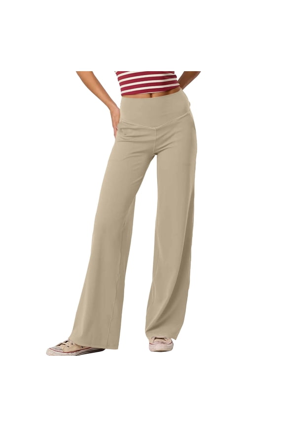 Yoga Pants Women High Waisted Wide Leg Pants Tummy Control Workout Joggers Lounge Comfy Leggings with Pockets Beige XL