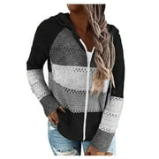 KDDYLITQ Zip up Hoodie for Women Patchwork Plus Sweater V Neck Knit Long Sleeve Hooded Mix Color Pullover Quarter Zip Up Black L