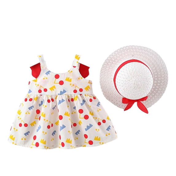 KDFJPTH Baby Girl Backless Wing Sundress Summer Cute Cartoon Polka Dot Print Sleeveless Princess Party Dresses With Straw Hat Size 1-2 Years