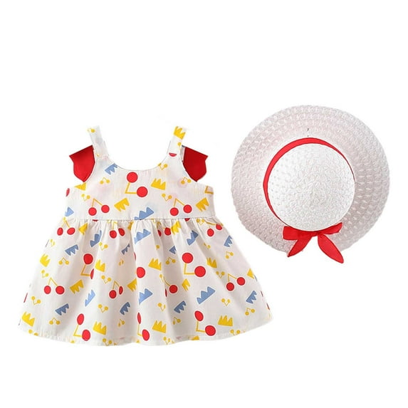 KDFJPTH Baby Girl Backless Wing Sundress Summer Cute Cartoon Polka Dot Print Sleeveless Princess Party Dresses With Straw Hat Size 3-12 Months