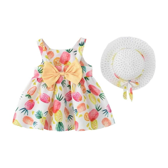 KDFJPTH Baby Girl Summer Sleeveless Tutu Dress Flower Print Backless Birthday Party Dresses Bowknot Sunress With Straw Hat Set Size 2-3 Years