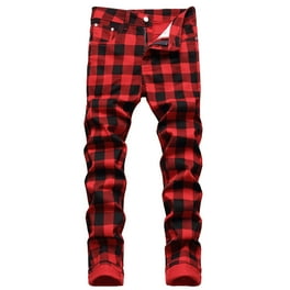 Mens Red Jeans Slim Fit Plaid Pants for Men Jeans