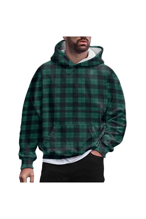 Black Hoodie Men Hooded Collar Hoodies Pullover Plaid Print Green Xxxl