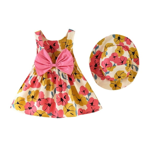 KDFJPTH Boho Flower Print Casual Dresses With Hat 2 Piece Set Back Big Bowknot A-Line Princess Sleeveless Summer Beach Dress Size 1-2 Years