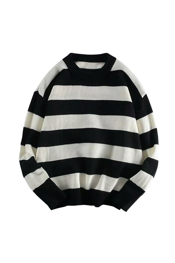 KDFJPTH Cardigan Sweaters for Men Crew Neck Long Sleeve Pullover Knitwear Striped Black Xl