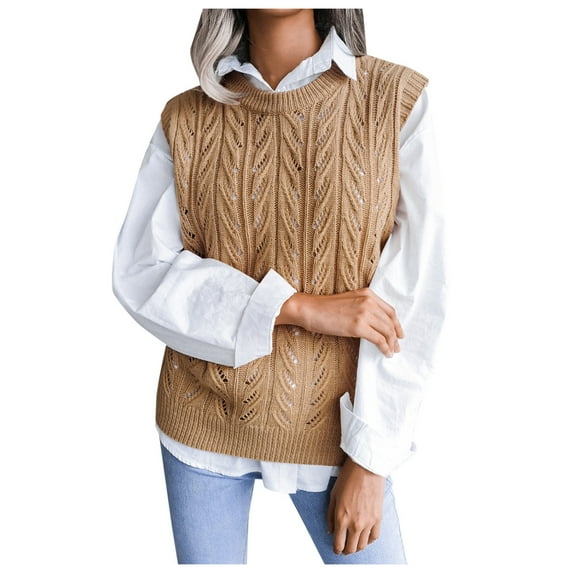 KDFJPTH Cardigan Sweaters for Women Sleeveless Sweater Vests Sweater Solid Print Khaki L