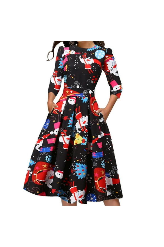 Casual Dress Sleeve Print Party Fashion Womens O-Neck Christmas Mini Women's Dress Petite Fall Dresses