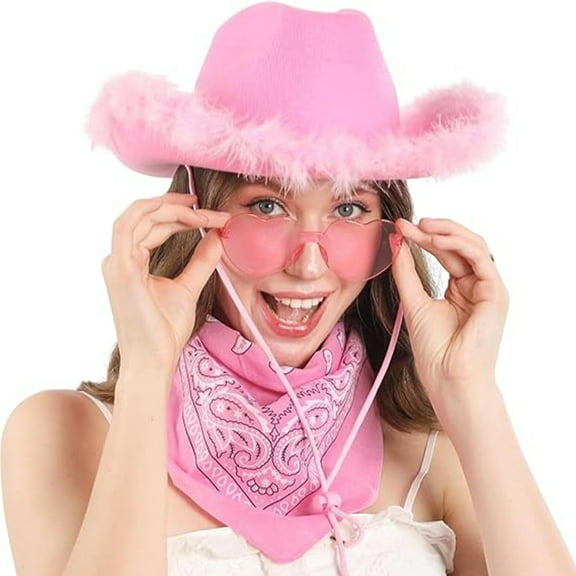KDFJPTH Cowgirl Hat with Bandana Heart Sunglasses Cowboy Hat for Women and Teens Fun Cow Girl Hat Birthday Disco Party