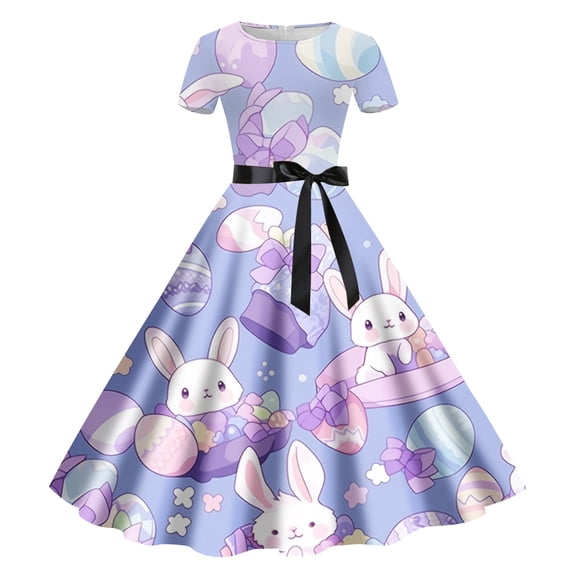 KDFJPTH Dresses for Women 2024 Elegant 2024 Sexy Easter Printed Round Neck Short Sleeve Retro (1) Summer Dress