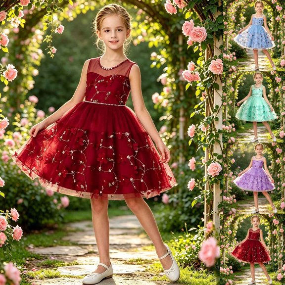 KDFJPTH Girls Dresses Summer Tique Satin Trock Glitter Little Elegant Puff Sleeve Party Gown Occasions Sleeveless Bodice Full Skirt Sun Dress