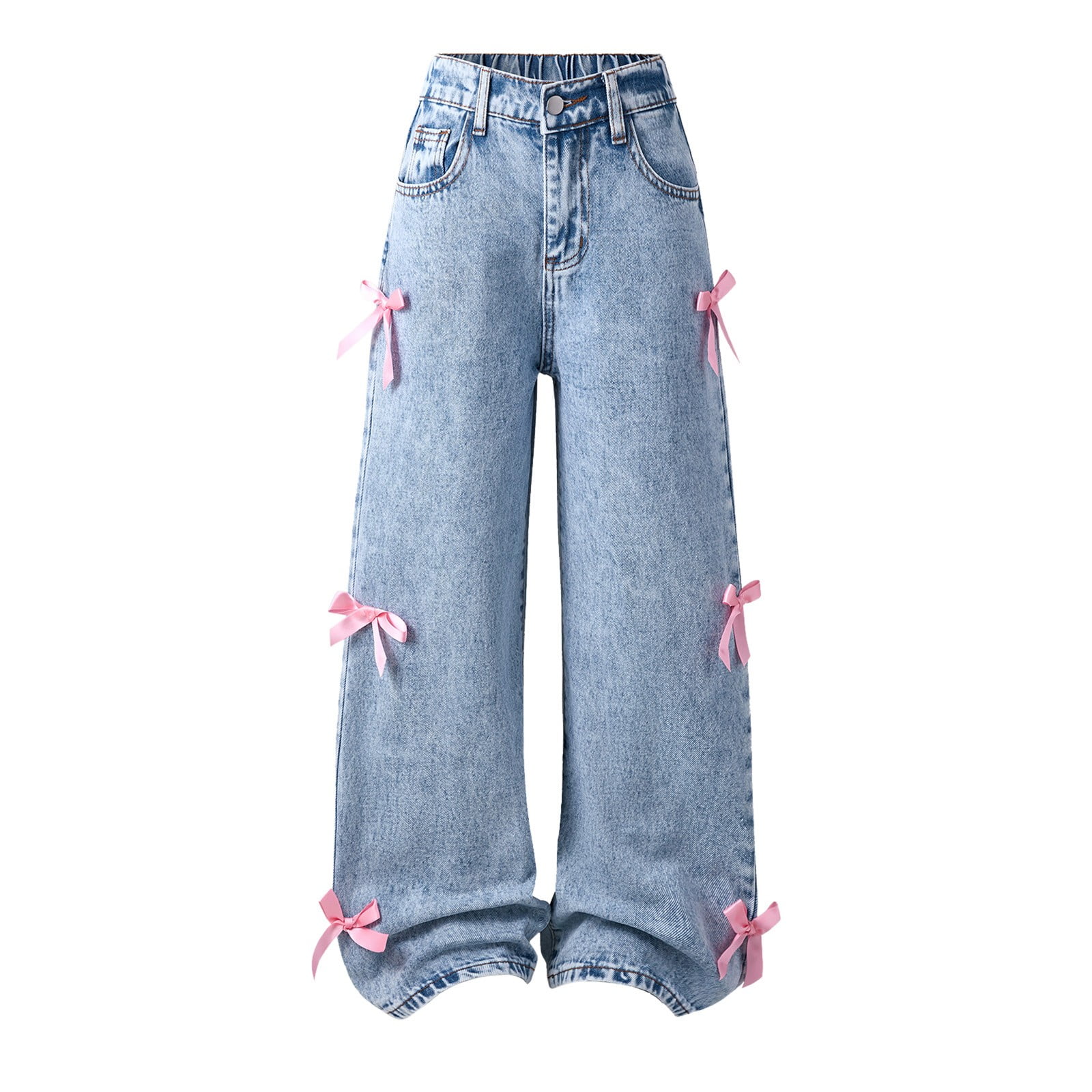 NABER Kids Girls Baggy Wide Leg Denim Pants – Elastic Waist, 100% Cotton, Casual Jeans For Ages 5-14, Blue