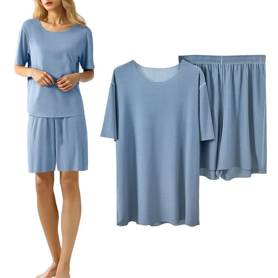 KDFJPTH Ice Silk Pajamas for Women Lougewear Sets 2 Pieces Short Sleeve Tshirt Bike Shorts 2025 Summer Outfits