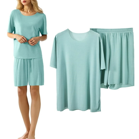 KDFJPTH Ice Silk Pajamas for Women Lougewear Sets 2 Pieces Short Sleeve Tshirt Bike Shorts 2025 Summer Outfits