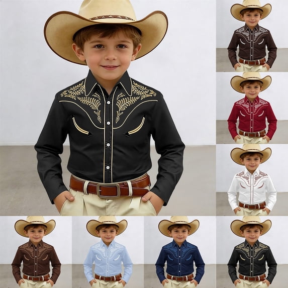 KDFJPTH Kids Graphic T Shirts Boys Western Print Denim Shirt Classic Long Sleeve Button Down Top With Blend Toddler Tshirts
