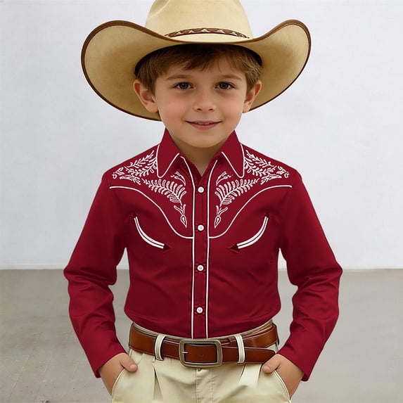 KDFJPTH Kids T Shirts Summer Boys Western Print Denim Shirt Classic Long Sleeve Button Down Top With Blend Toddler Tshirts