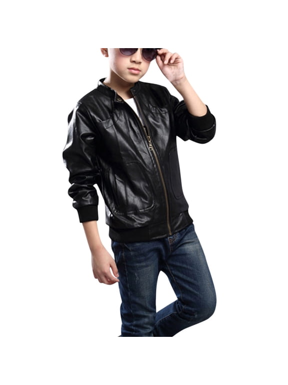 Little Boys Long Sleeve Leather Zipper Spring Autumn Lightweight Pu for Boys Kid Coats