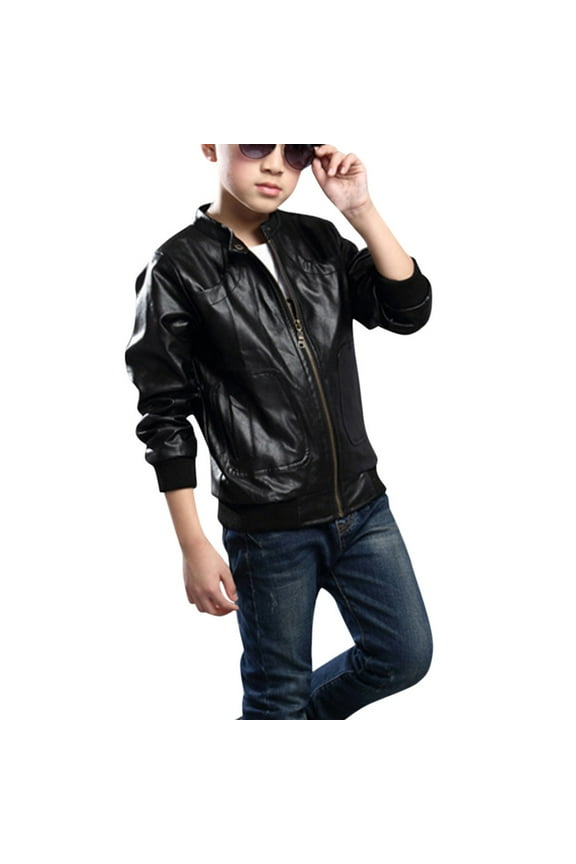 Little Boys Long Sleeve Leather Zipper Spring Autumn Lightweight Pu for Boys