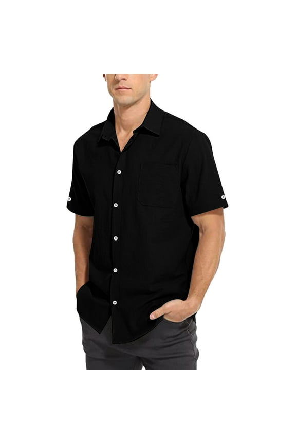 Mens Shirts Casual Summer Classic Solid Color Pocket Single Cotton Short Sleeve Summer Tops