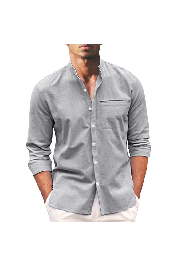 Mens Spring And Summer Shirt Fashion Collarless Casual Solid Color Cotton And Linen Collar Button Long Sleeve Shirts For Men Breathable Top