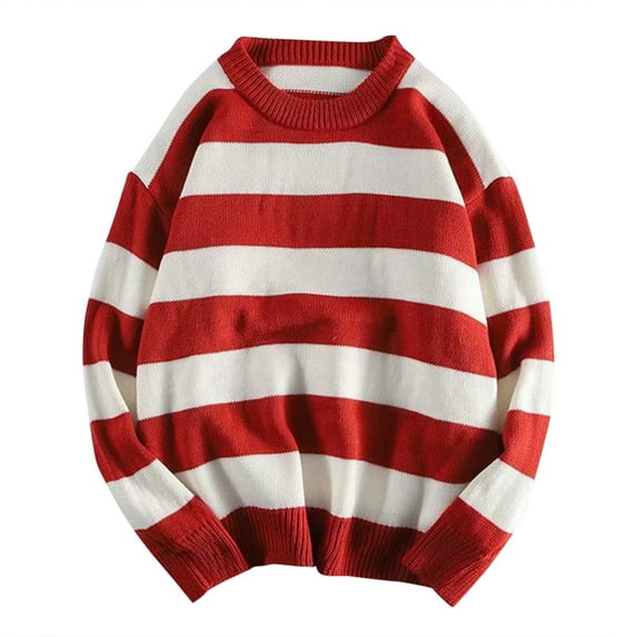 KDFJPTH Mens Sweaters Crew Neck Long Sleeve Pullover Sweater Striped Red M