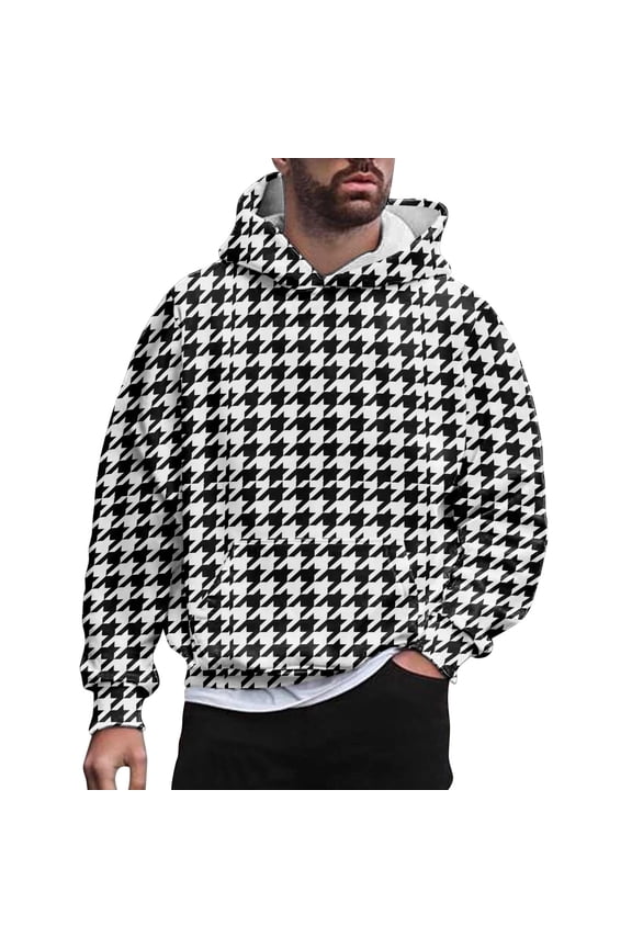 Mens Sweatshirt Hooded Collar Hoodies Pullover Plaid Print White Xxxl
