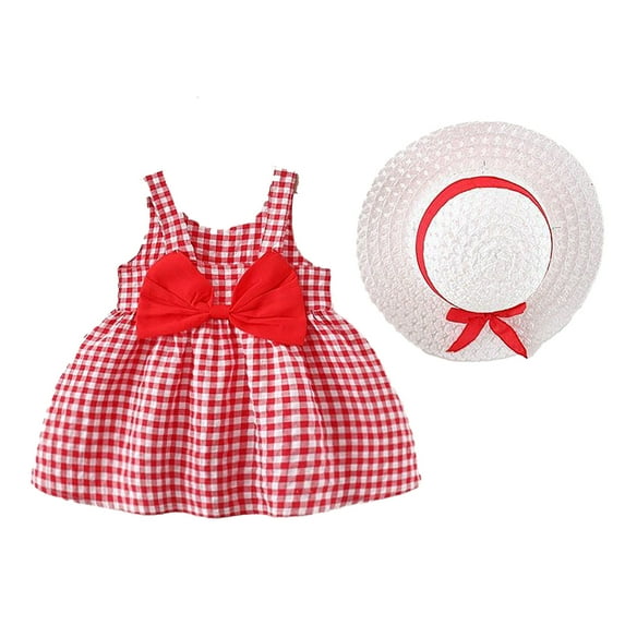 KDFJPTH Plaid Print Sleeveless Party Dresses Summer Big Bowknot A-Line Princess Dress 2025 New Camisole Dress With Hat Size 3-12 Months