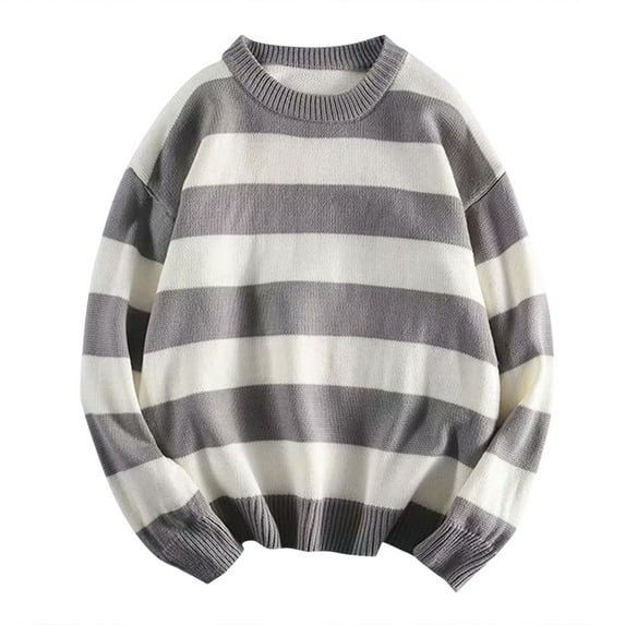 KDFJPTH Pullover Sweaters for Men Crew Neck Long Sleeve Pullover Knitwear Striped Grey L