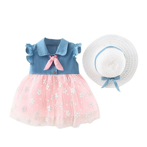 KDFJPTH Ruffle Flying Sleeve Denim Patchwork Lapel Tutu Princess Dresses Summer Flower Print Tutu Birthday Party Dress With Hat