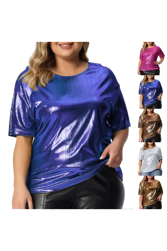 Shirts for Women Summer Tops Loose Large Size Round Neck Solid Color Bright Short Sleeve Basic Teess Silver XL