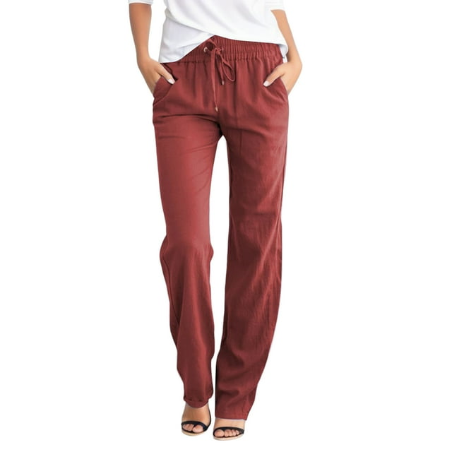 KDFJPTH Solid Straight Pants Waist And Long Women Casual Elastic Drawstring Pants